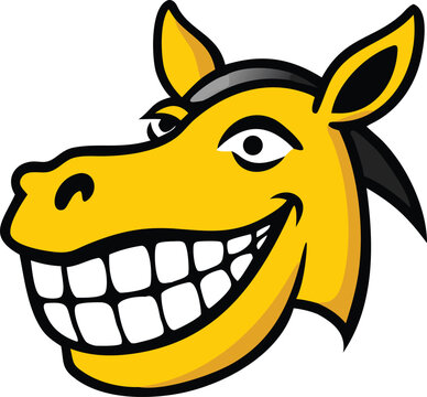 Cartoon donkey head with a wide, toothy grin, featuring yellow fur and black mane details, isolated on a transparent background.