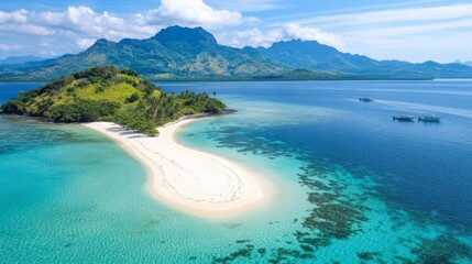 Aerial View of Turquoise Sea and White Sand Coastline in Tropical Island Paradise