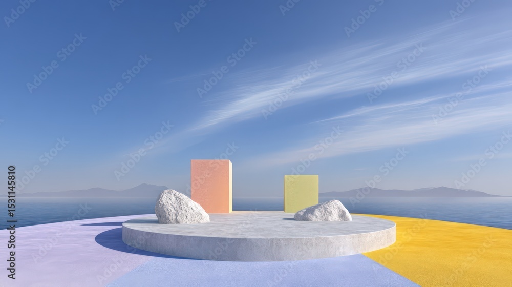 Poster pastel colored circular platform with abstract shapes and ocean view