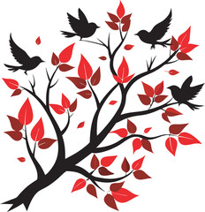 
A vibrant illustration featuring a black tree with striking red leaves and black bird silhouettes perched on its branches or in flight, often with some leaves falling.