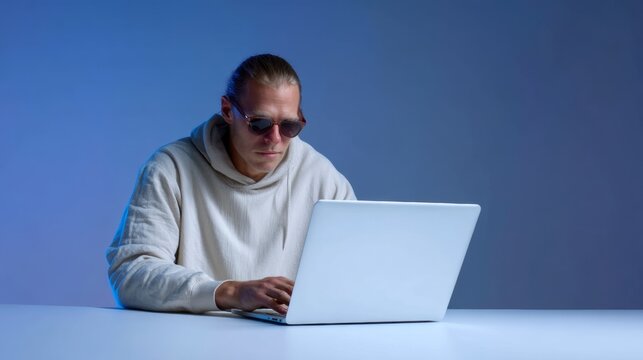 Man wearing sunglasses is typing on a laptop. Concept of focus and concentration as the man works on his computer. The blue background adds a cool and calming atmosphere to the scene