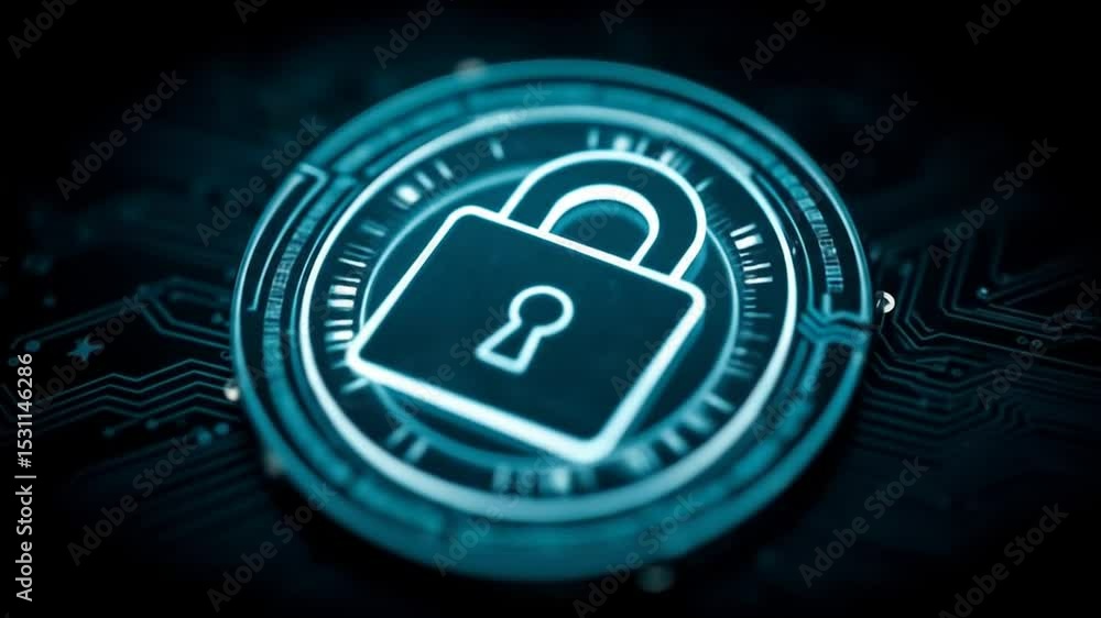 Poster digital security hologram of virtual key icon on circuit board. financial data privacy concept and v