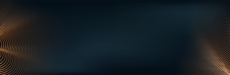 Gold wave lines on dark brown background with lighting effect and glitter with copy space for text. Luxury design style. Vector illustration