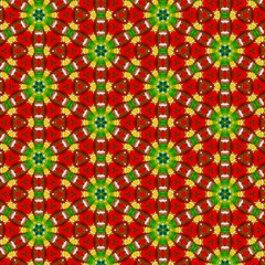 Seamless kaleidoscope floral pattern vibrant red, green, and yellow design for fabric, wallpaper, and backgrounds