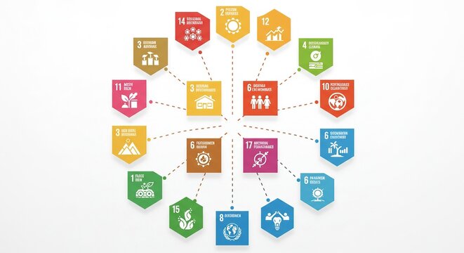 Sustainable development goals icons arranged in a circular pattern on a white background.