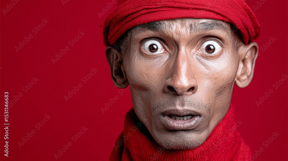 Poster man with a red scarf and hat is staring at the camera with wide eyes. the image has a bold and drama