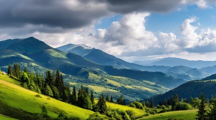 Obraz premium Majestic mountain landscape, rolling green hills, lush meadows