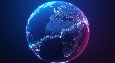 Glowing earth globe with continents visible in blue purple and white light.