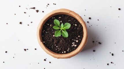 New plant sprouting in terracotta pot with fresh soil and scattered dirt