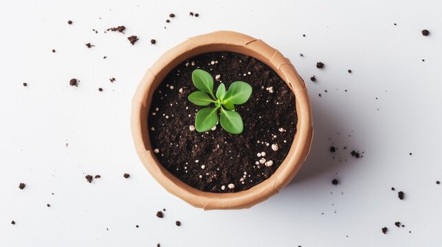 New plant sprouting in terracotta pot with fresh soil and scattered dirt