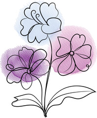 Elegant Floral Line Art with Watercolor Backgrounds Featuring Three Flowers in Blue Purple and Pink Perfect for Minimalist Designs and Creative Projects on White Background