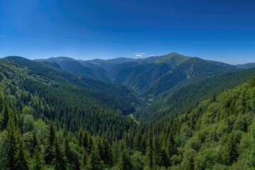 Fototapeta premium Panoramic mountain vista. Lush green forests blanket valleys and slopes beneath a clear blue sky