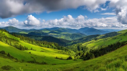 Obraz premium Majestic mountain landscape, rolling green hills, lush meadows