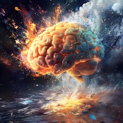 Concept art of a human brain exploding with knowledge on a book