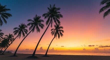 Tropical Palm Trees Silhouetted Against Vibrant Sunset Sky