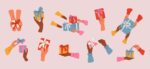 Hand drawn colorful set of human hands hold and open present boxes. Holiday surprise concept for birthday, Christmas, celebration and other anniversary. Design elements for poster, banner, sticker