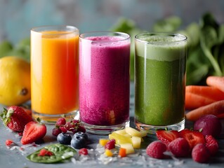 Colorful smoothies with fresh ingredients displaying healthy