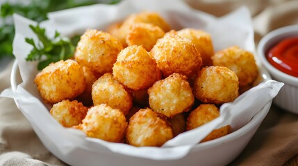 Crispy potato tots served with ketchup