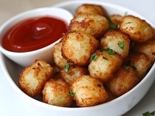 Crispy potato tots served with ketchup