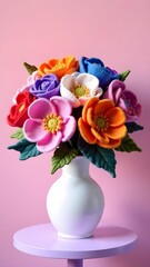 Colorful felt flower bouquet in a white vase against a pink background
