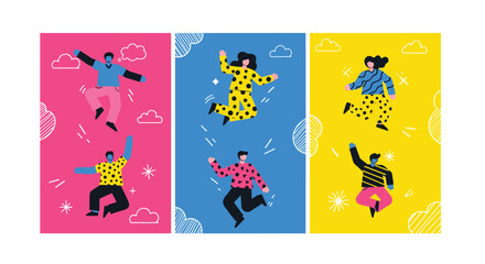 Fototapeta premium Illustrations of People Celebrating Diversity with Unique Clothing Patterns Against Colorful Backgrounds