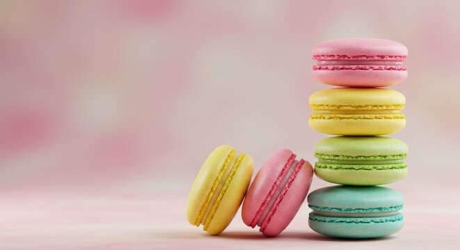 Colorful Macarons Stack on Pink Background Dessert Pastry Food