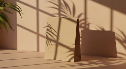 Beige paper bag mockup with palm shadows