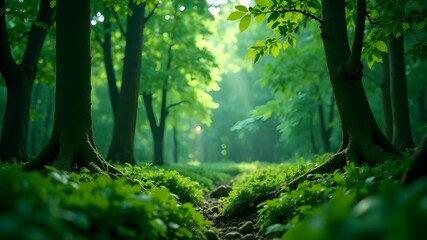 Lush green forest pathway illuminated by sunlight filtering through trees in early morning light
