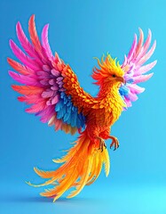 A vibrant phoenix with colorful feathers soars on a bright blue background.