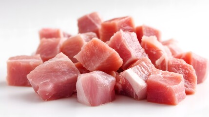 Diced meat cubes food ingredient raw pork on a white background