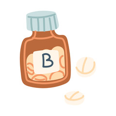 Glass jar with vitamin B. Round pills . The flat color illustration is suitable for applications, posters about health, fitness, exercise, disease prevention and cardiac activity.