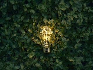 Eco friendly light bulb from fresh leaves top view concept