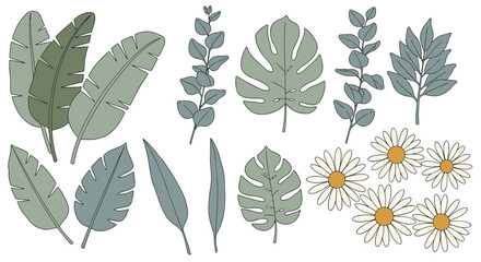 Beautiful Greenery Botanical Garden Decoration Element With Tropical Leaves and Flowers Collection Set