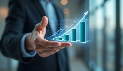 Businessman presenting a holographic graph showing growth and success.