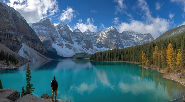 Panoramic autumn vista of turquoise lake framed by snow peaks and pine forests, solitary figure absorbing nature's grandeur