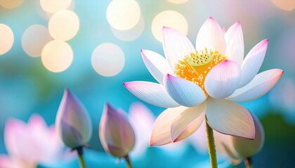 Fototapeta premium Close-up of a blooming lotus flower with buds and soft bokeh background