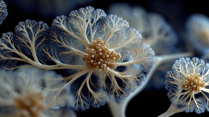 Intricate Bioluminescent Fractal Structures Close up of Beige and Light Blue Organic Forms Against Dark Background