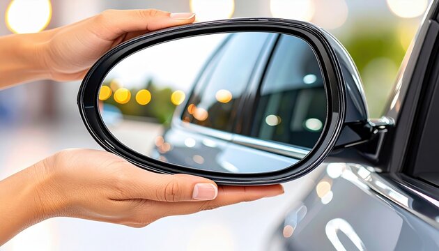 Female hands adjusting car side mirror for optimal rearview reflection - Powered by Adobe