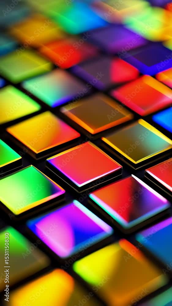 Poster abstract vibrant background of iridescent square tiles arranged in a grid formation; bright colors a