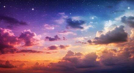 Fototapeta premium 幻想的な夜空、カラフルな雲と輝く星が広がる夢の世界 