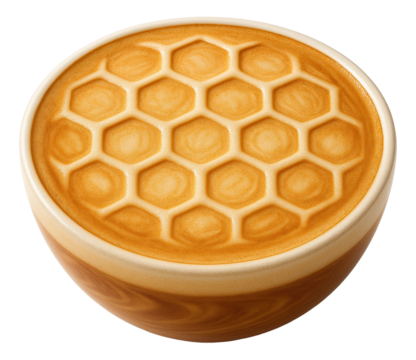 A cup of coffee with a latte art design featuring a hexagonal, honeycomb pattern on the frothy surface.