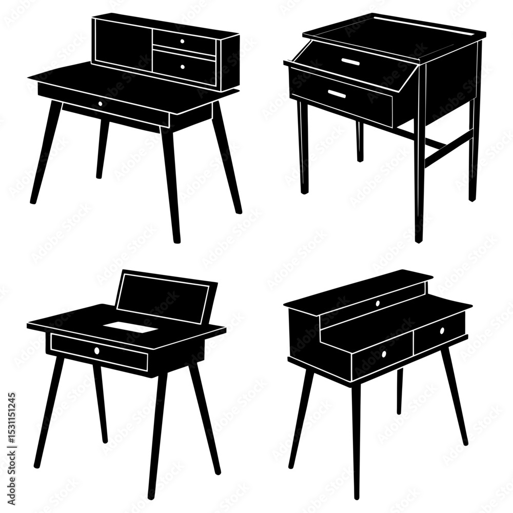 Aufkleber four different styles of desks in black and white showcasing various designs and functionalities for
