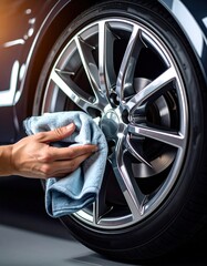 Hand cleaning shiny car wheel with cloth reflecting light