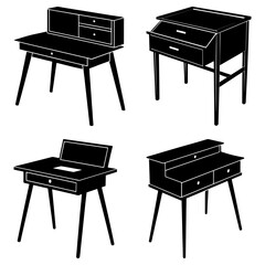 Four different styles of desks in black and white showcasing various designs and functionalities for work areas