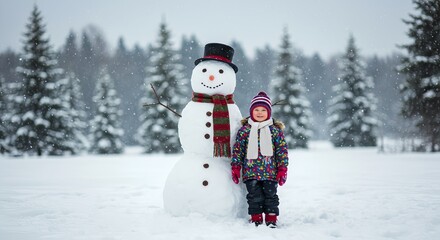 Fototapeta premium child and snowman in christmas winter 