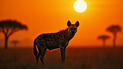 A lone hyena surveys the grasslands at sunset, its silhouette outlined by the fiery African horizon.