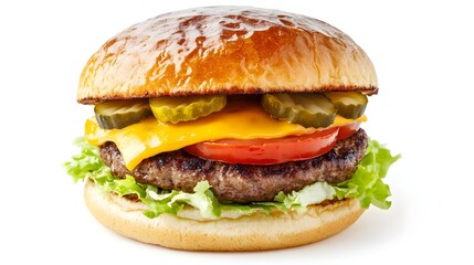 juicy cheeseburger. Brioche pastry, beef patty, iceberg salad, tomato, pickles, house burger sauce. Front view. Isolated on a white background