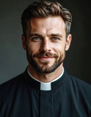 Fototapeta premium Smiling caucasian male priest in black clerical attire with short hair and beard