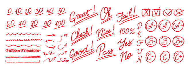 Exam Grade Marks Red Crayon Icons Set. School Score Teachers Handwriting Education Grading Doodle Symbols Collection. Homework Score Hand Drawn Chalk Vector Emphasis Scribble Style Symbols