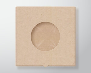 Craft Paper Pizza Box Package Template. Realistic Pack made of Brown Carton with Texture. Food Snacks Vector Packaging Bag with Transparent Round Plastic Window. Mockup with Soft Shadows. Isolated